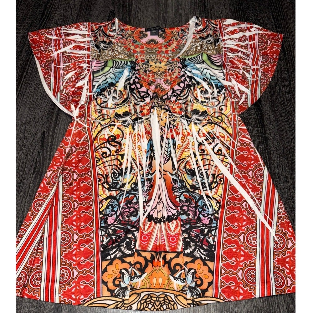 Covington Women's Blouse Top‎ Rhinestone Embellished Print Short Sleeve S M